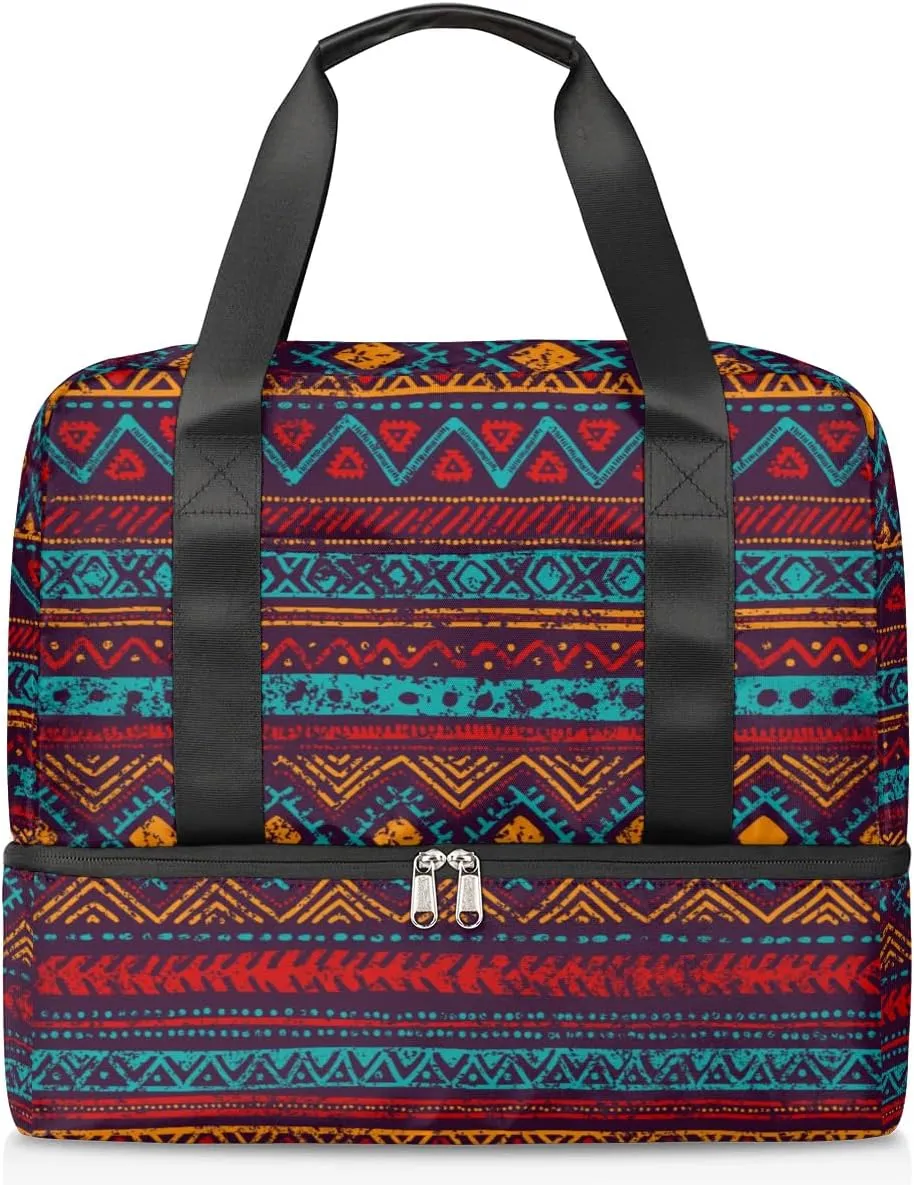 Sports Gym Bag Western Ethnic Aztec Travel Duffel Bag Waterproof Lightweight Swim Bag Travel Tote Luggage Weekender Overnight Handbag Workout Bag with Shoes Compartment for Women Men