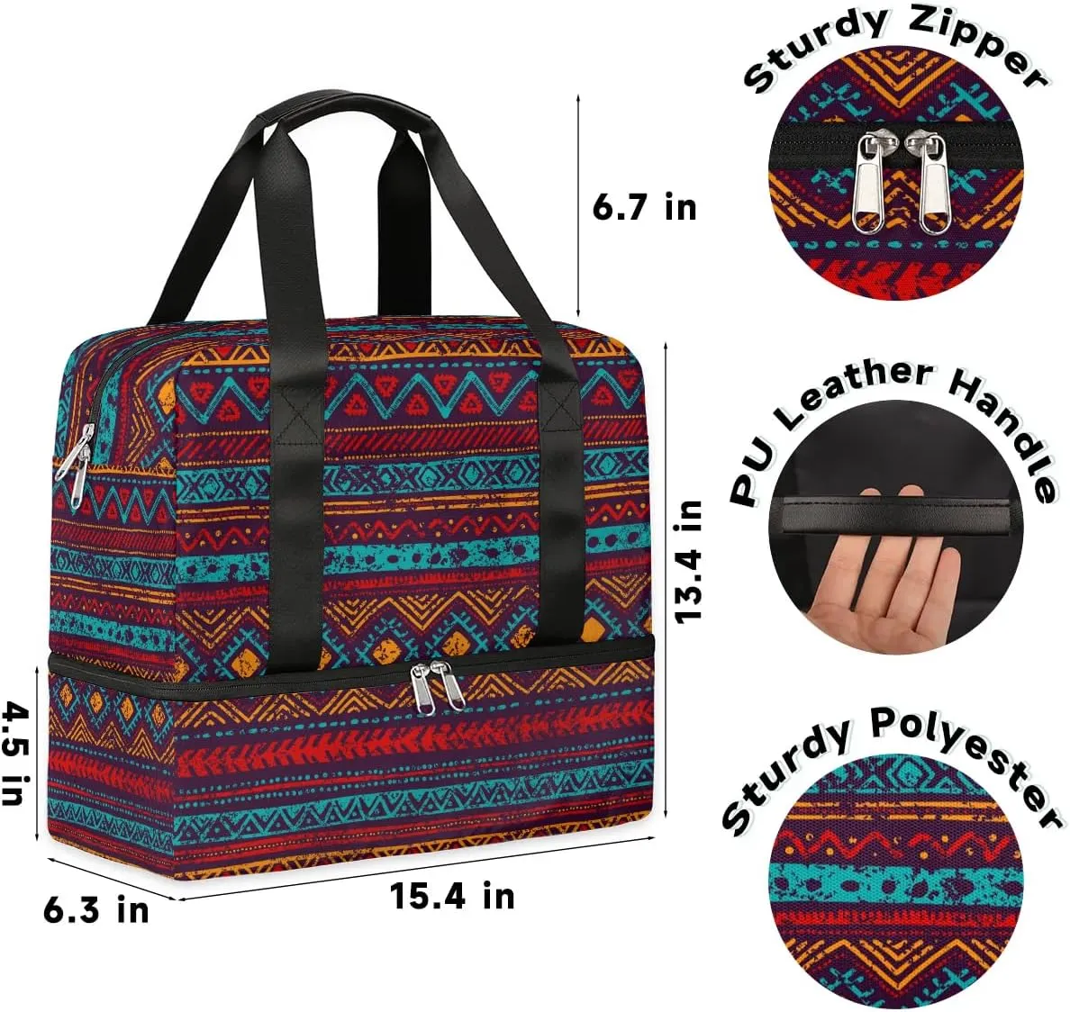 Sports Gym Bag Western Ethnic Aztec Travel Duffel Bag Waterproof Lightweight Swim Bag Travel Tote Luggage Weekender Overnight Handbag Workout Bag with Shoes Compartment for Women Men