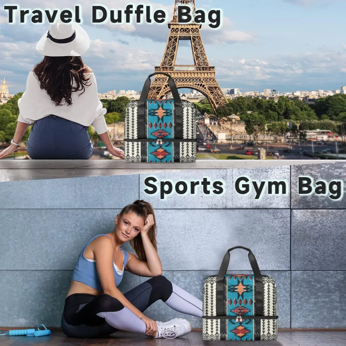 Sports Gym Duffel Bag - Aztec Boho Travel Tote, Waterproof Lightweight Swim Luggage, Weekender Overnight Handbag With Shoes Compartment for Women Men