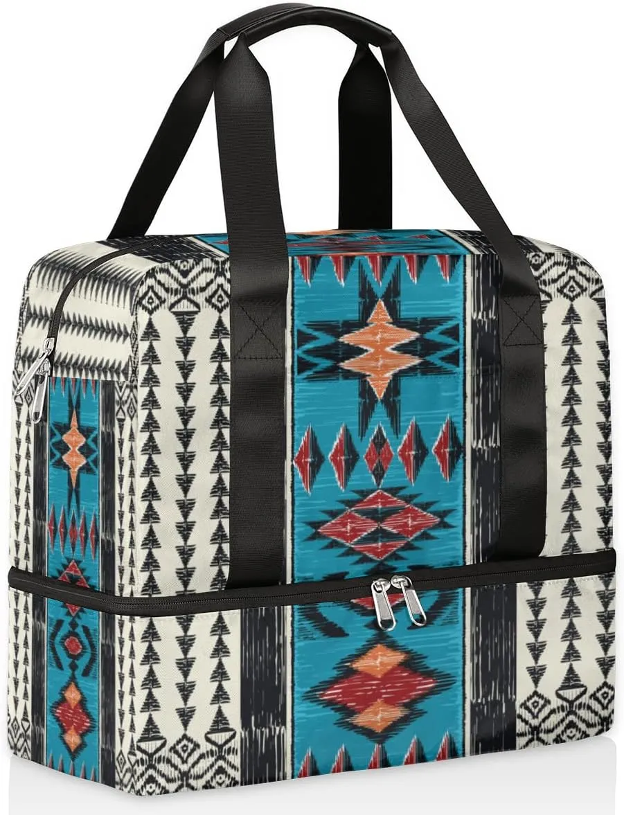 Sports Gym Duffel Bag - Aztec Boho Travel Tote, Waterproof Lightweight Swim Luggage, Weekender Overnight Handbag With Shoes Compartment for Women Men