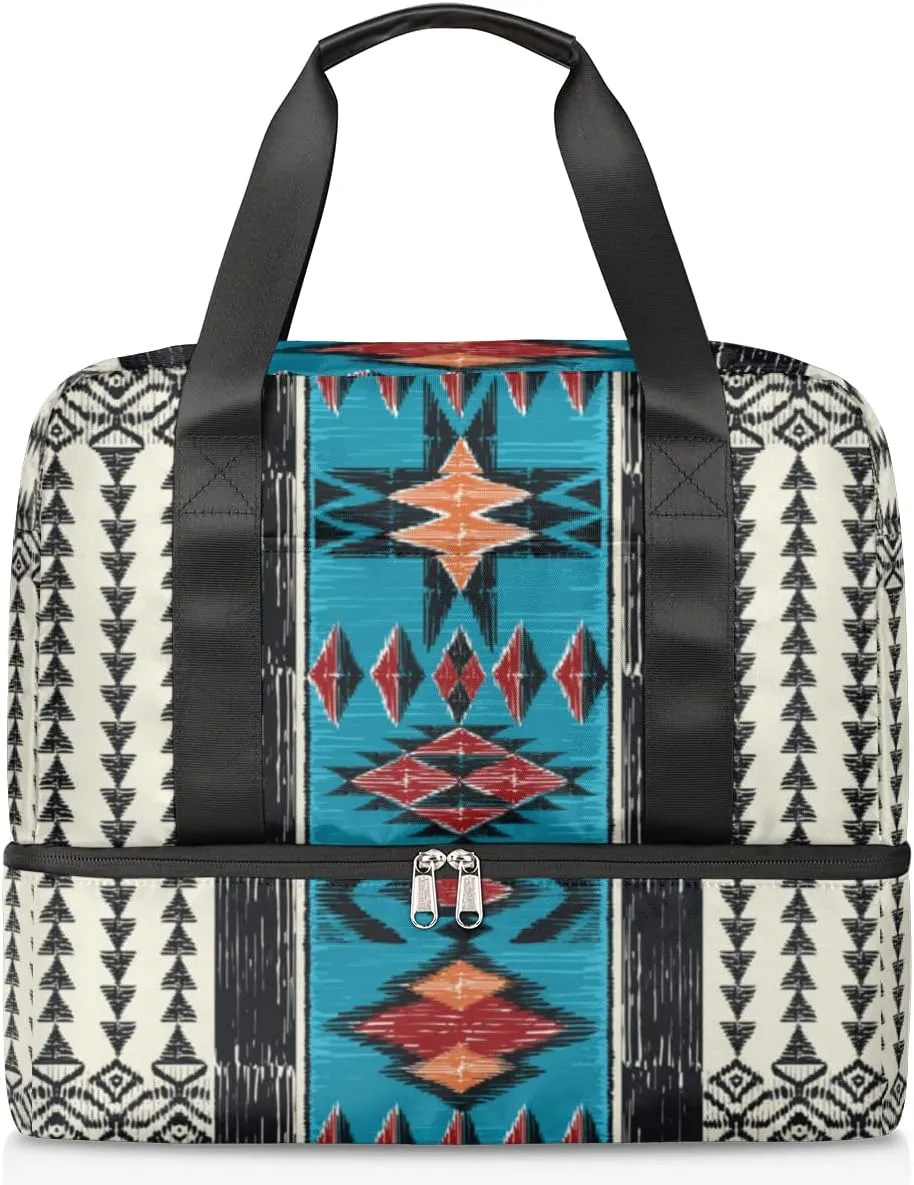 Sports Gym Duffel Bag - Aztec Boho Travel Tote, Waterproof Lightweight Swim Luggage, Weekender Overnight Handbag With Shoes Compartment for Women Men