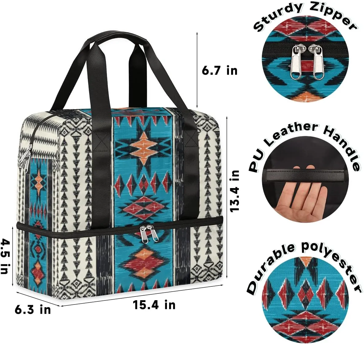 Sports Gym Duffel Bag - Aztec Boho Travel Tote, Waterproof Lightweight Swim Luggage, Weekender Overnight Handbag With Shoes Compartment for Women Men