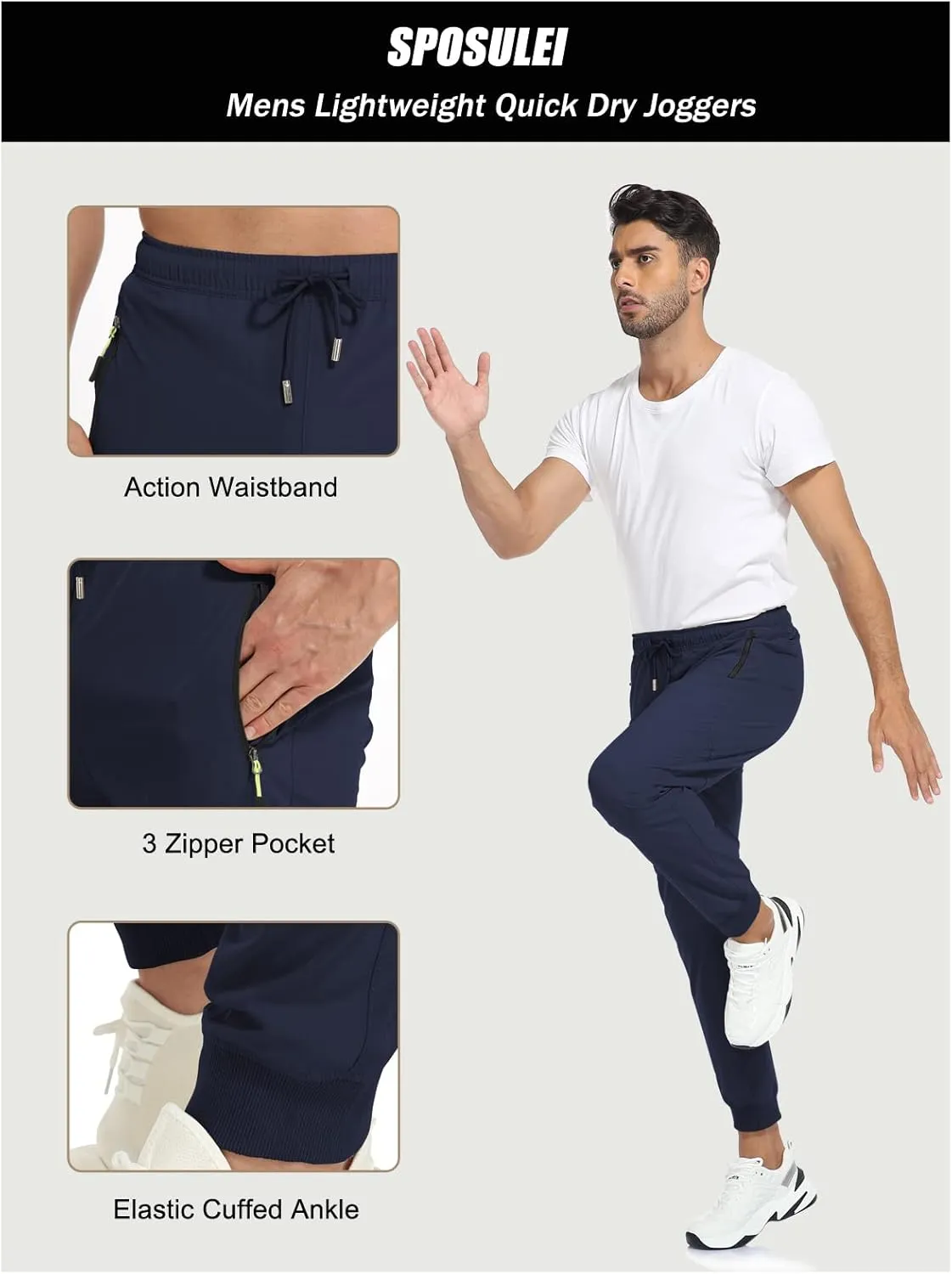 SPOSULEI Mens Joggers Lightweight Athletic Hiking Pants Quick Dry Running Track Gym Sweatpants with Zipper Pockets