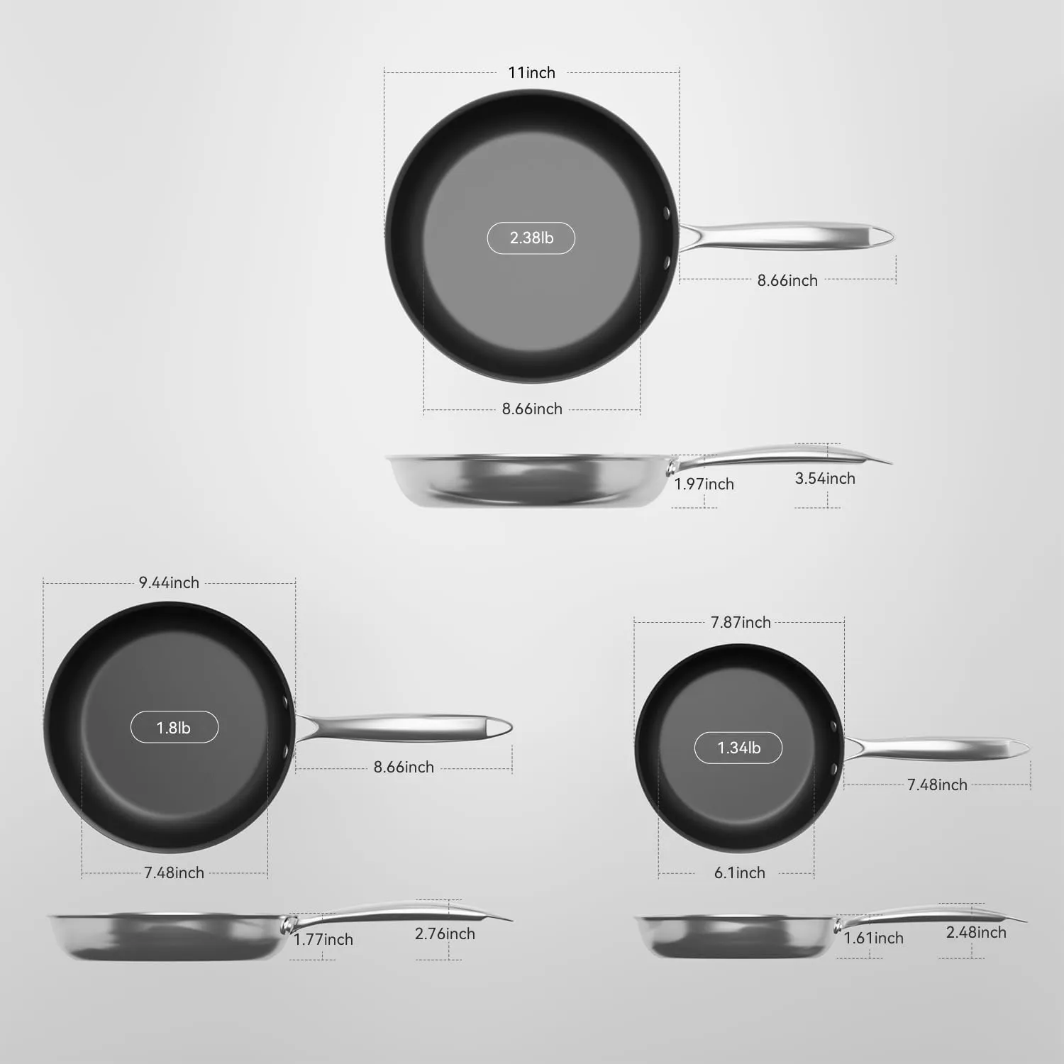 Stainless Steel Nonstick Frying Pan Set, 3 Piece cookware set, Tri-Ply Skillet, 8 inch, 9.5 inch, 11inch Cooking pan, Oven Dishwasher Induction Gas Safe, Silver, Suitable for All Stove