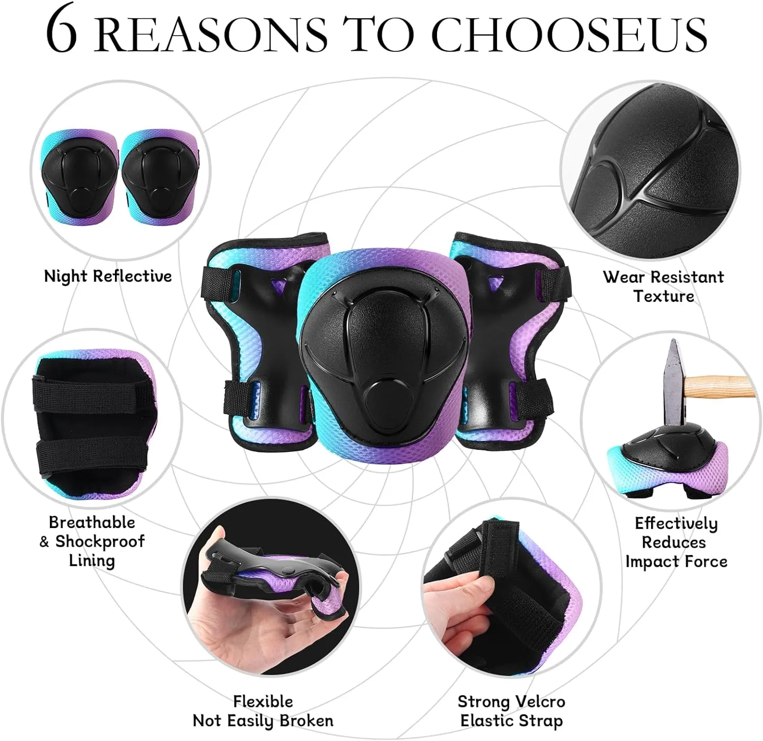 Sticker Adjustable Color Gradient Bike Kids Toddler Helmet and pads for Kids 3-5-8-14 Boys Girls Child Skateboard Helmet with Knee Pad Elbow Pads Guards,Riding Scooter Roller Inline skatings Longboard