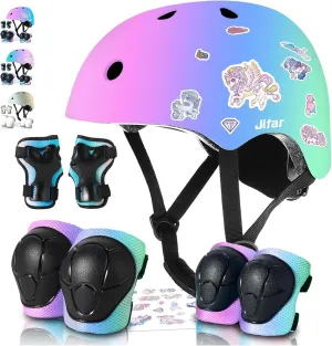 Sticker Adjustable Color Gradient Bike Kids Toddler Helmet and pads for Kids 3-5-8-14 Boys Girls Child Skateboard Helmet with Knee Pad Elbow Pads Guards,Riding Scooter Roller Inline skatings Longboard