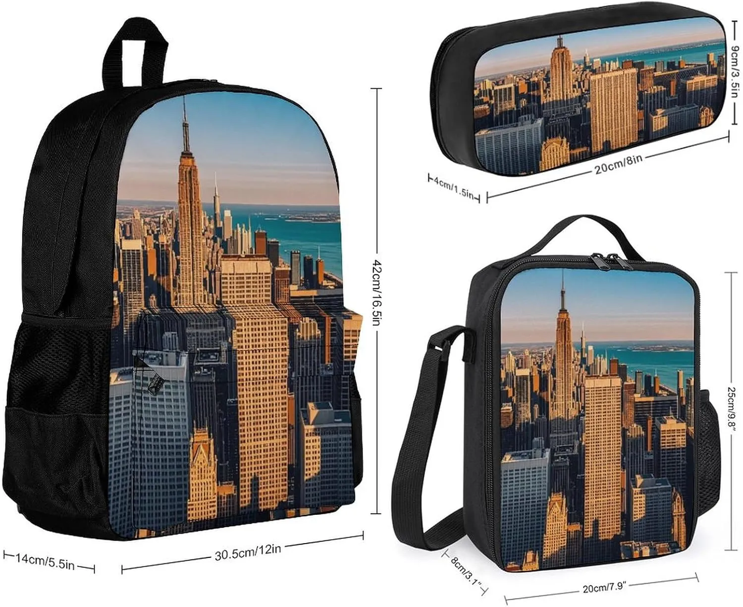 Stylish 3-in-1 Backpack Set, High Rise Buildings, Skyscrapers Print Backpack, Lunch Bag & Pencil Case - Durable Polyester,Lightweight,Comfortable Straps