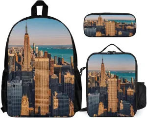 Stylish 3-in-1 Backpack Set, High Rise Buildings, Skyscrapers Print Backpack, Lunch Bag & Pencil Case - Durable Polyester,Lightweight,Comfortable Straps