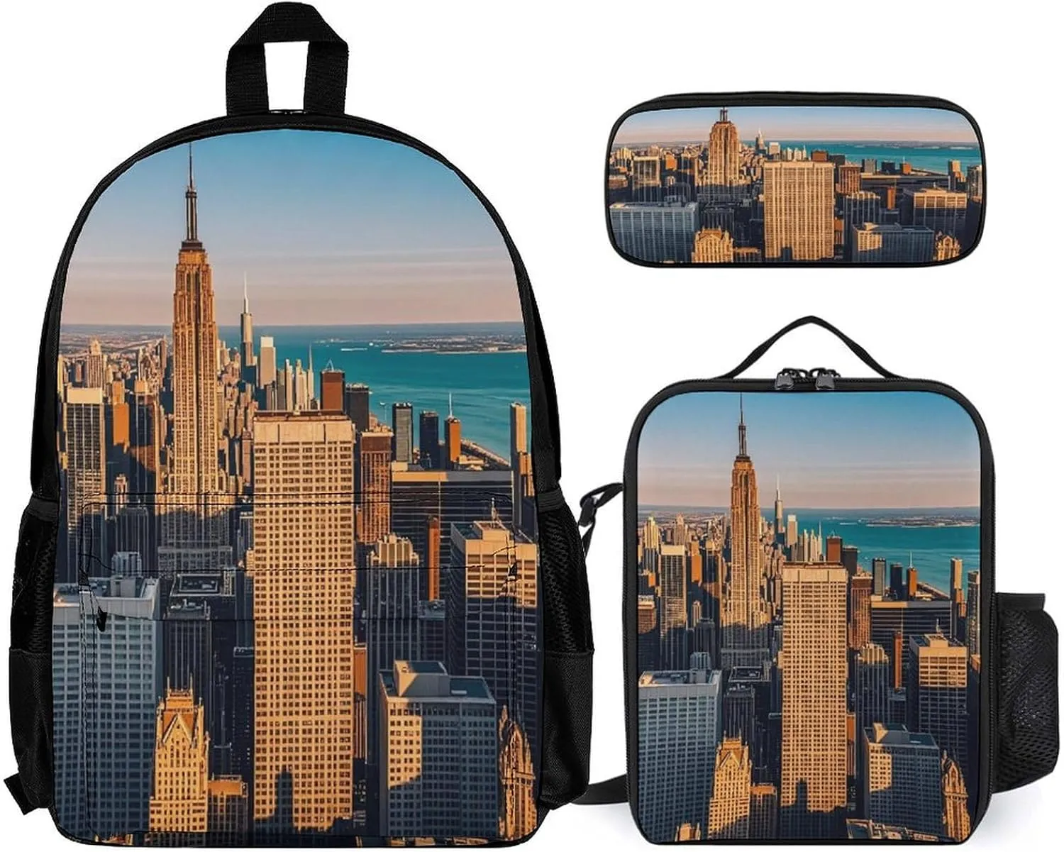 Stylish 3-in-1 Backpack Set, High Rise Buildings, Skyscrapers Print Backpack, Lunch Bag & Pencil Case - Durable Polyester,Lightweight,Comfortable Straps