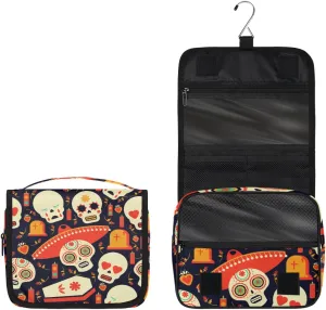 Sugar Skull Mexican Toiletry Bag with Hanging Hook Travel Organizer Makeup Bag for Women Waterproof Accessories Toiletries Travel Essentials Personalized Birthday Valentines Day Gifts