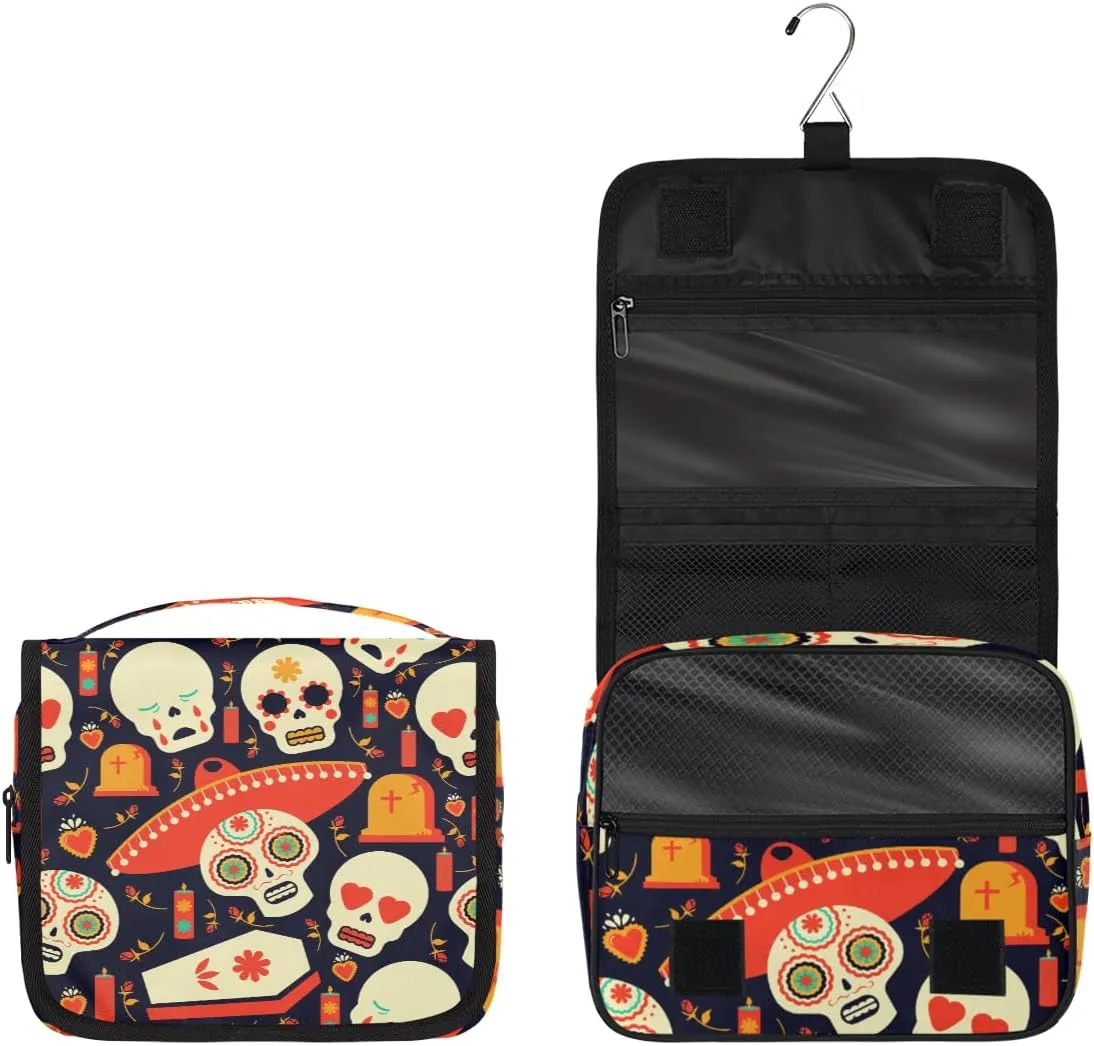 Sugar Skull Mexican Toiletry Bag with Hanging Hook Travel Organizer Makeup Bag for Women Waterproof Accessories Toiletries Travel Essentials Personalized Birthday Valentines Day Gifts