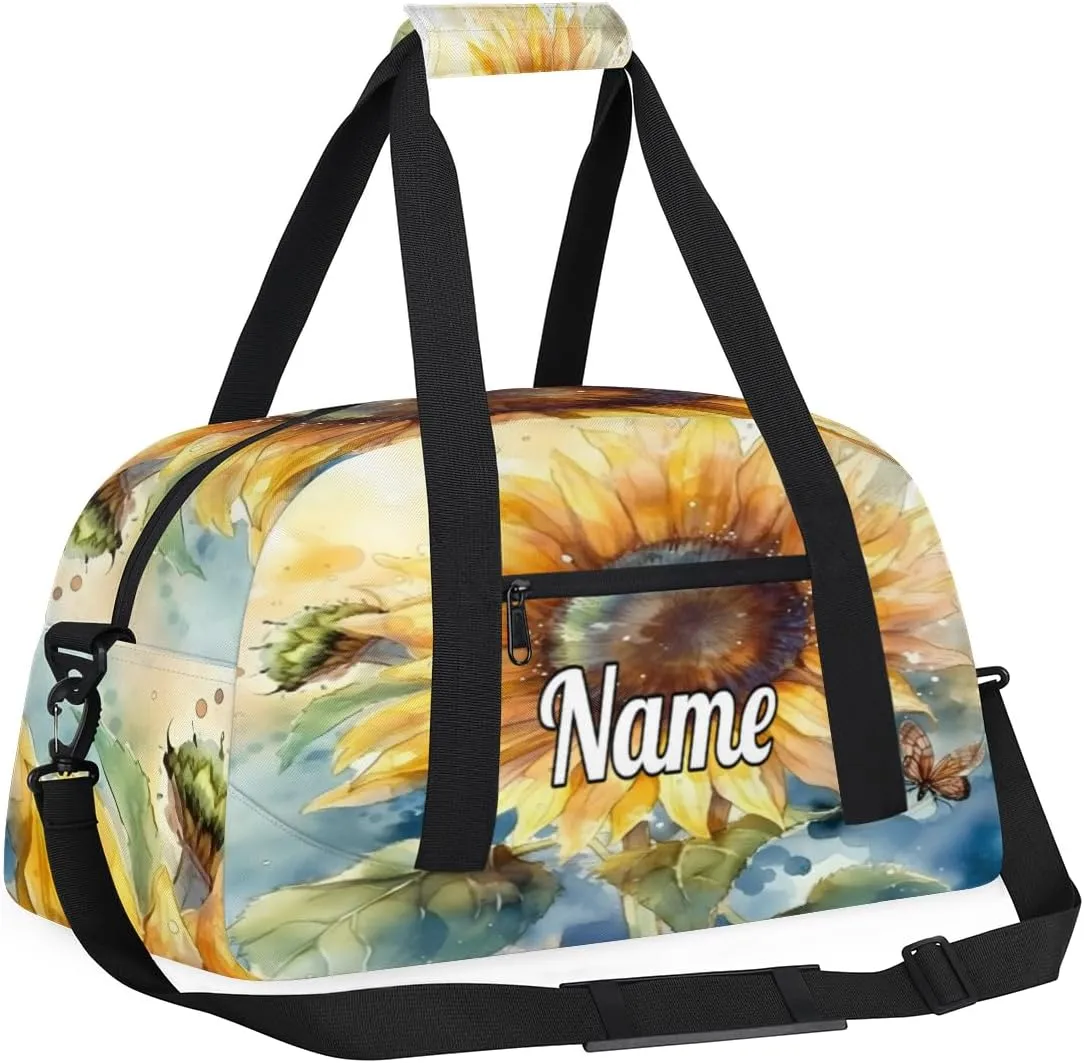 Sunflower Butterfly Personalized Kids Gym Bag Custom Dance Bag with Name Sport Duffel Bag for Girls Boys Weekender Overnight Travel Bag