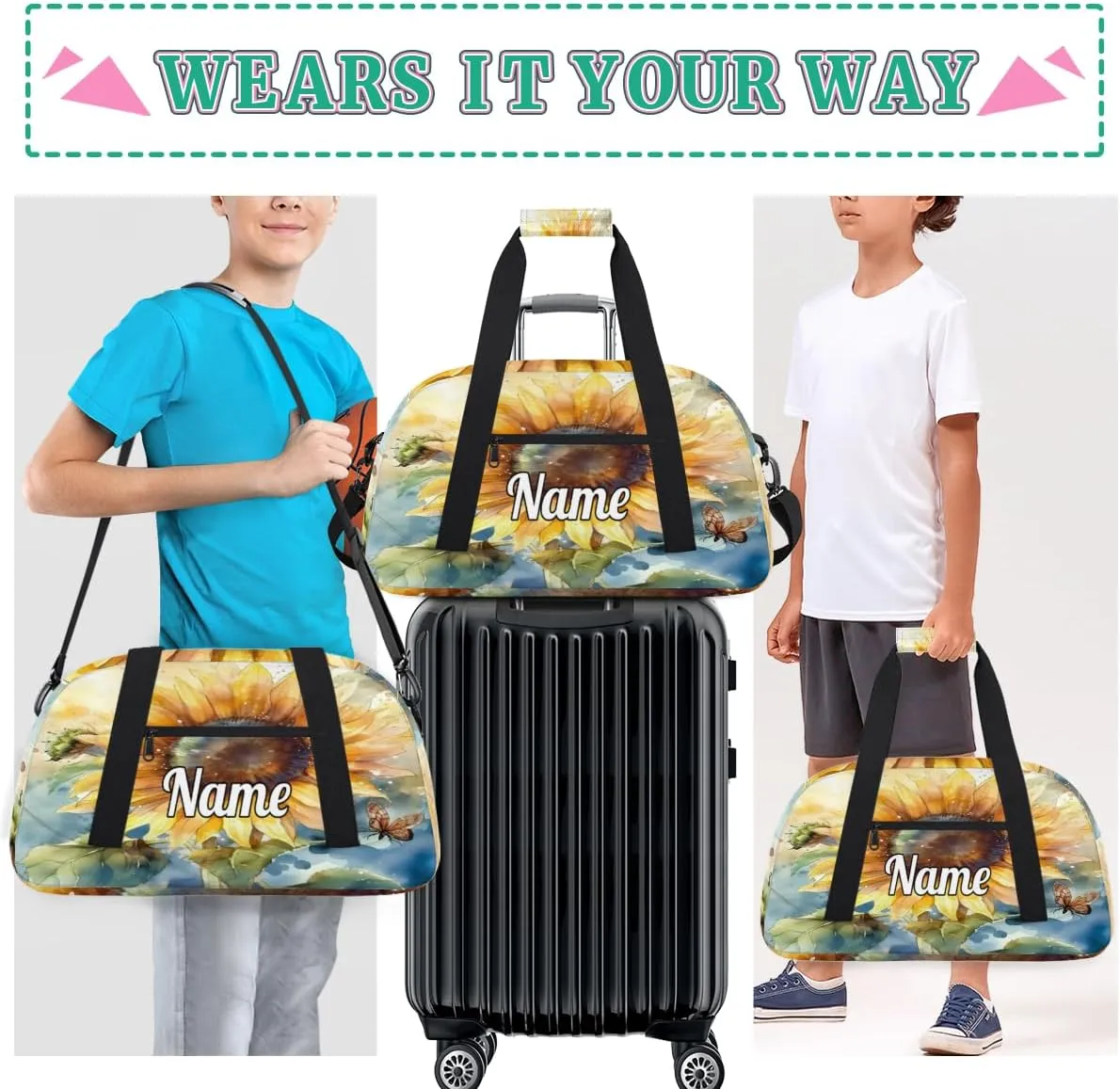 Sunflower Butterfly Personalized Kids Gym Bag Custom Dance Bag with Name Sport Duffel Bag for Girls Boys Weekender Overnight Travel Bag
