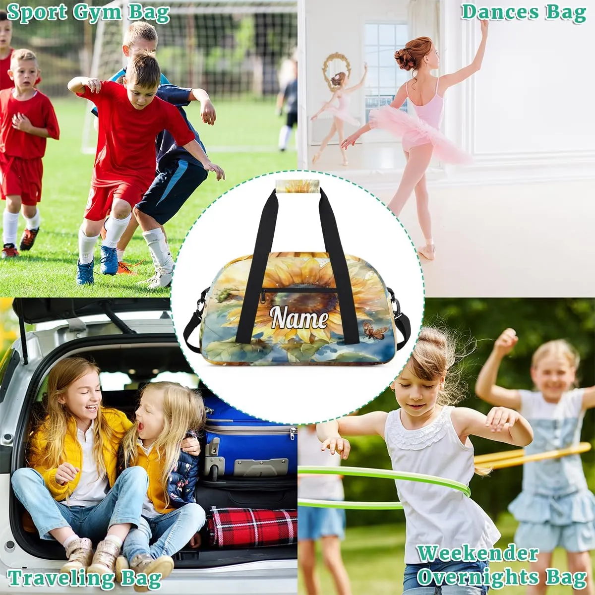 Sunflower Butterfly Personalized Kids Gym Bag Custom Dance Bag with Name Sport Duffel Bag for Girls Boys Weekender Overnight Travel Bag