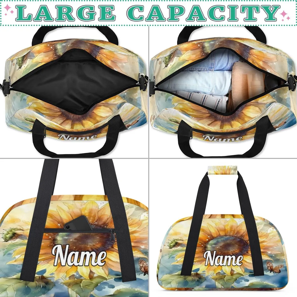 Sunflower Butterfly Personalized Kids Gym Bag Custom Dance Bag with Name Sport Duffel Bag for Girls Boys Weekender Overnight Travel Bag