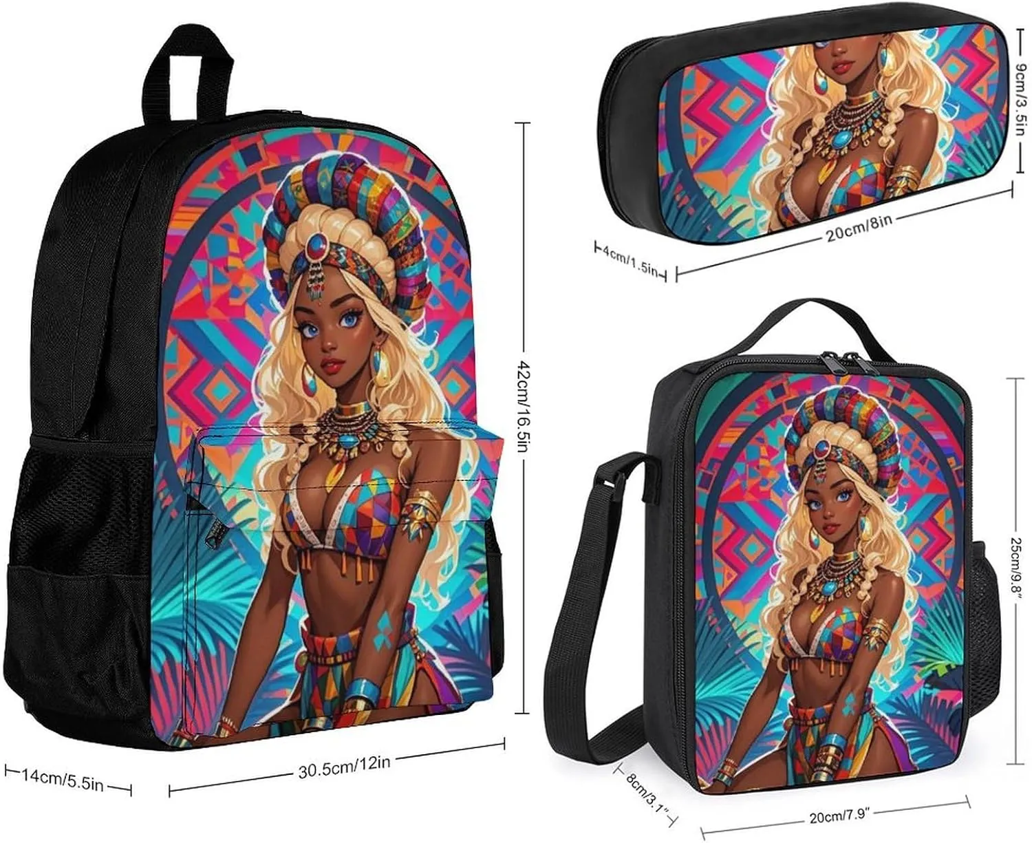 Supdreamc 3 Piece Backpack Large Capacity Carry On Bag Backpack for Hiking Outdoors Running - Cool African American Woman Bold And Colorful Art, for Adult, Travel Daypack