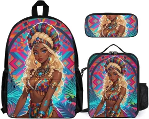Supdreamc 3 Piece Backpack Large Capacity Carry On Bag Backpack for Hiking Outdoors Running - Cool African American Woman Bold And Colorful Art, for Adult, Travel Daypack