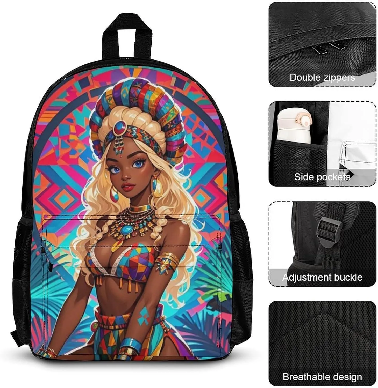 Supdreamc 3 Piece Backpack Large Capacity Carry On Bag Backpack for Hiking Outdoors Running - Cool African American Woman Bold And Colorful Art, for Adult, Travel Daypack
