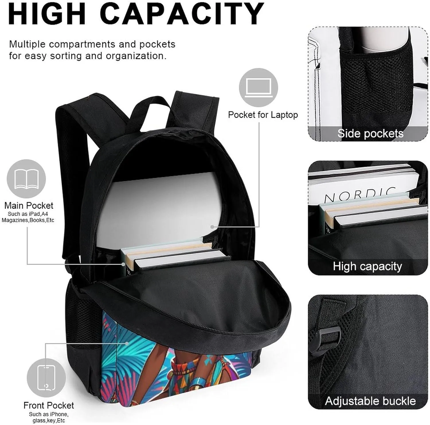 Supdreamc 3 Piece Backpack Large Capacity Carry On Bag Backpack for Hiking Outdoors Running - Cool African American Woman Bold And Colorful Art, for Adult, Travel Daypack