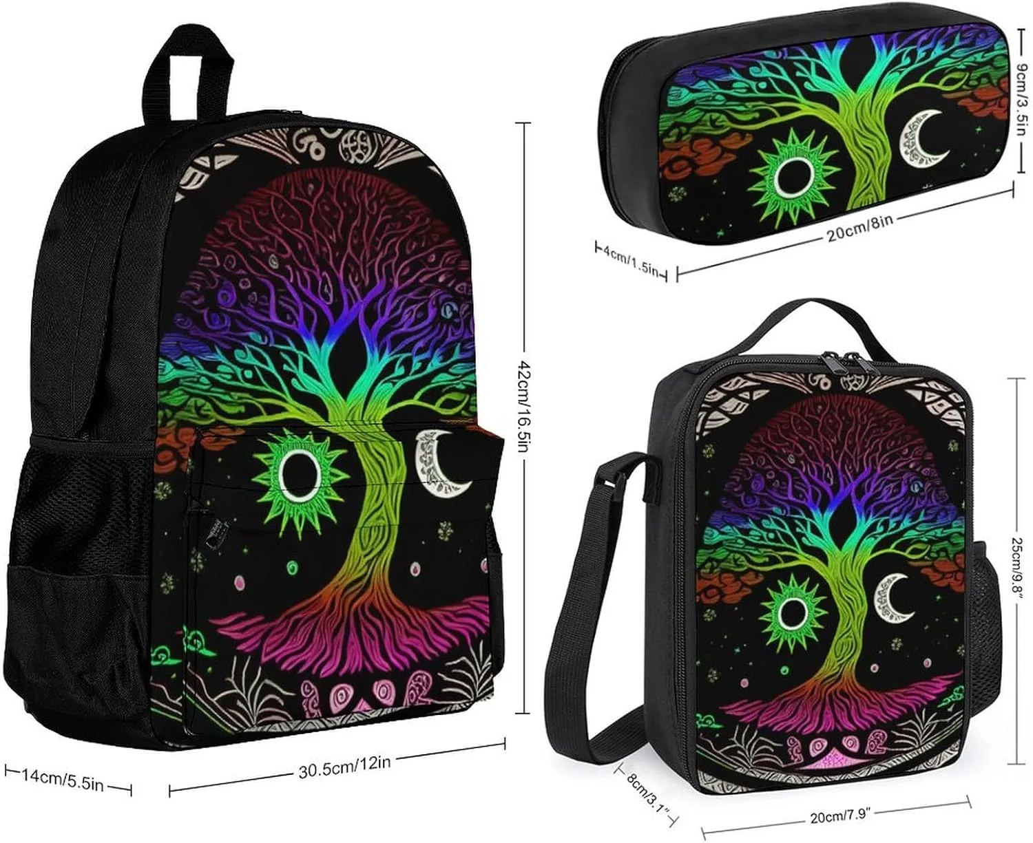 Supdreamc 3 Piece Backpack Sets Sun And Moon Tree Of Life Art Travel Hiking Bag & Day Pack - Multipurpose Shoulder Bag Lunch Bag Pencil Case for College Men and Women