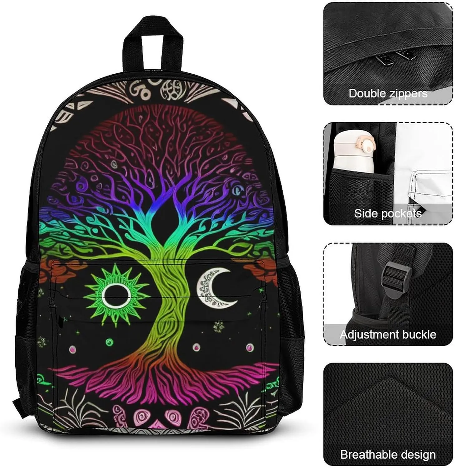 Supdreamc 3 Piece Backpack Sets Sun And Moon Tree Of Life Art Travel Hiking Bag & Day Pack - Multipurpose Shoulder Bag Lunch Bag Pencil Case for College Men and Women