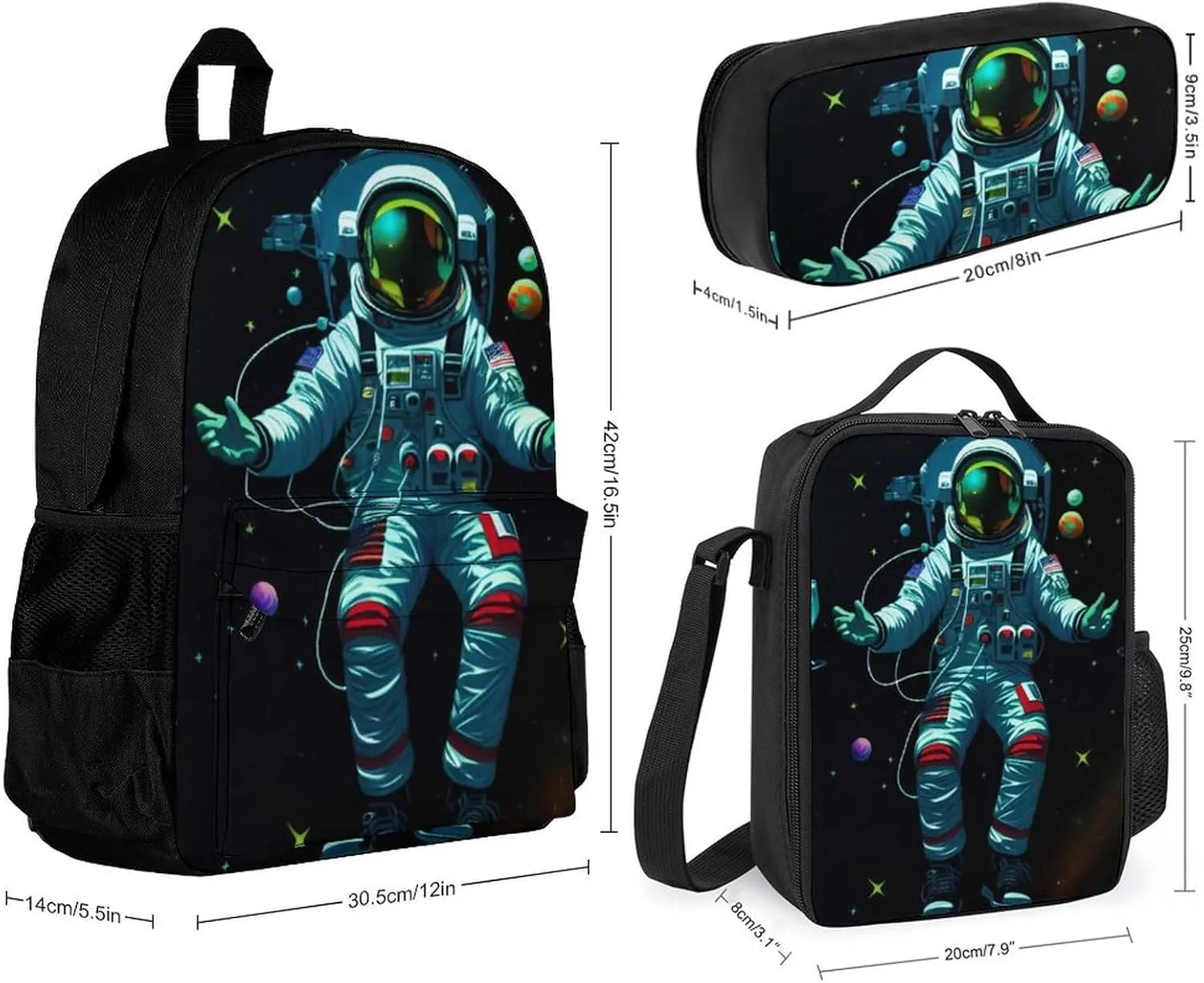 Supdreamc Backpack 3 Pcs Set With Lunch Box Pencil Case Lightweight In 1 Bookbags for Men and Women (Trippy Space Chilling Astronaut Psychedelic Art), One Size