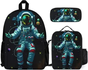 Supdreamc Backpack 3 Pcs Set With Lunch Box Pencil Case Lightweight In 1 Bookbags for Men and Women (Trippy Space Chilling Astronaut Psychedelic Art), One Size