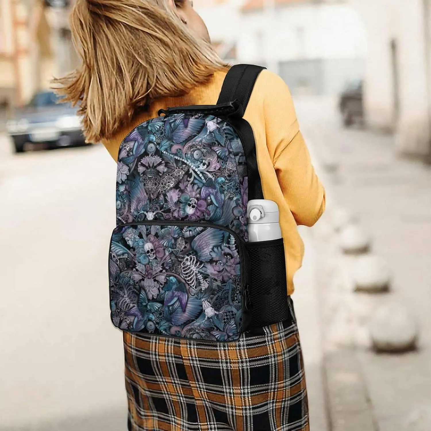 Supdreamc Men & Women Durable Polyester Day of The Dead Skull Skeleton Art Backpack Large Capacity Bookbag With Smooth Zippers for Climbing Picnic Bicycle