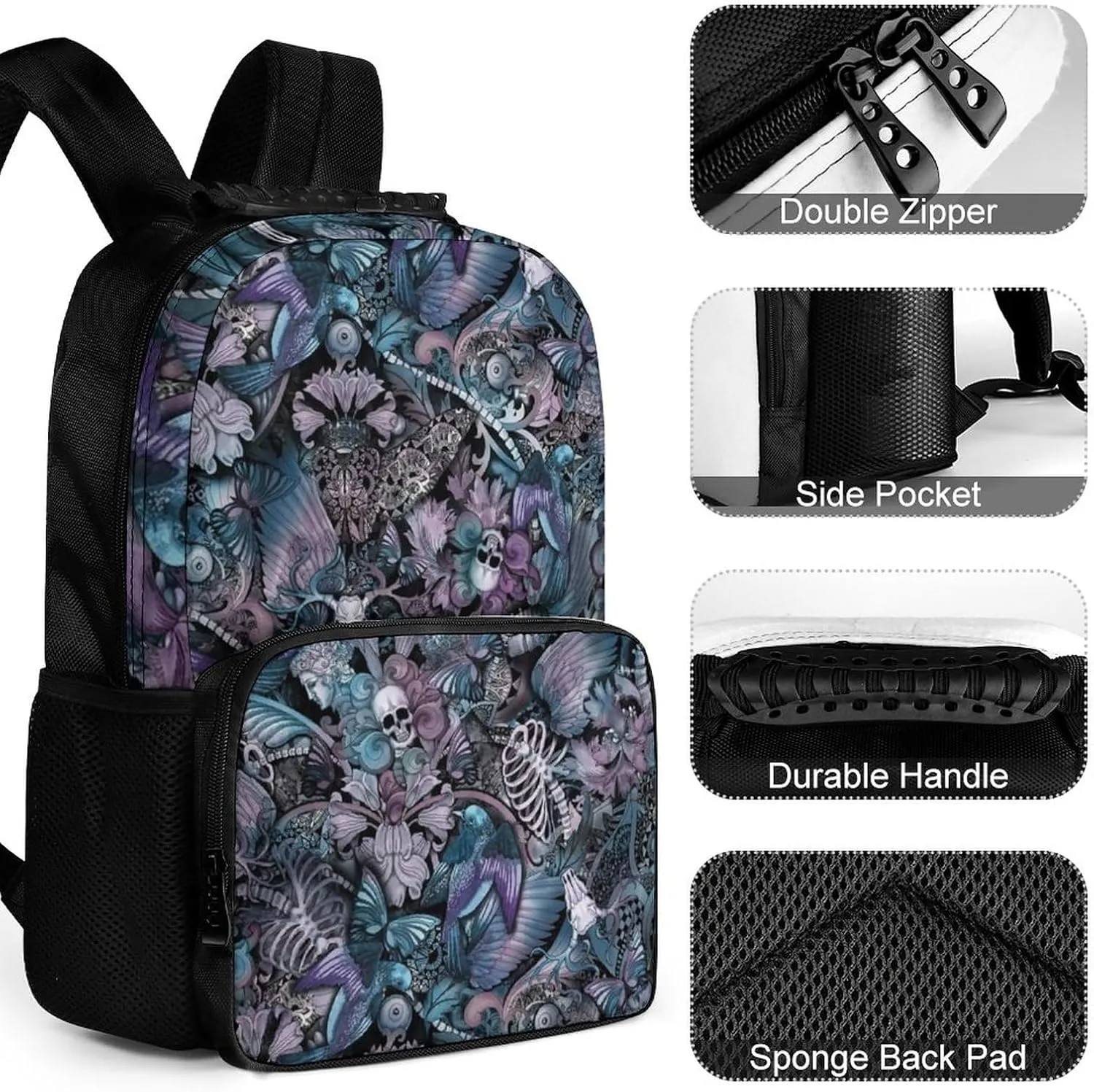 Supdreamc Men & Women Durable Polyester Day of The Dead Skull Skeleton Art Backpack Large Capacity Bookbag With Smooth Zippers for Climbing Picnic Bicycle