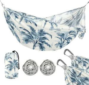 susiyo Portable Camping Hammock Blue White Palm Trees Printed Lightweight Hammock Comfortable Travel Swing with Tree Straps for Camping Hiking Backpacking Travel or Beach - Up to 330lbs