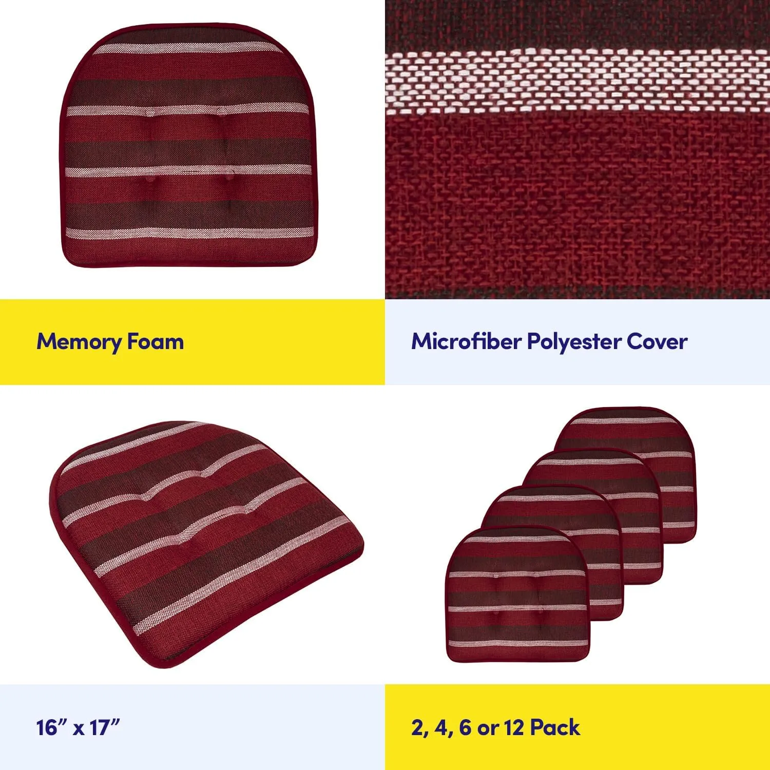 Sweet Home Collection Chair Cushion Memory Foam Pads Tufted Slip Non Skid Rubber Back U-Shaped 17" x 16" Seat Cover, 4 Count (Pack of 1), Bradford Burgundy