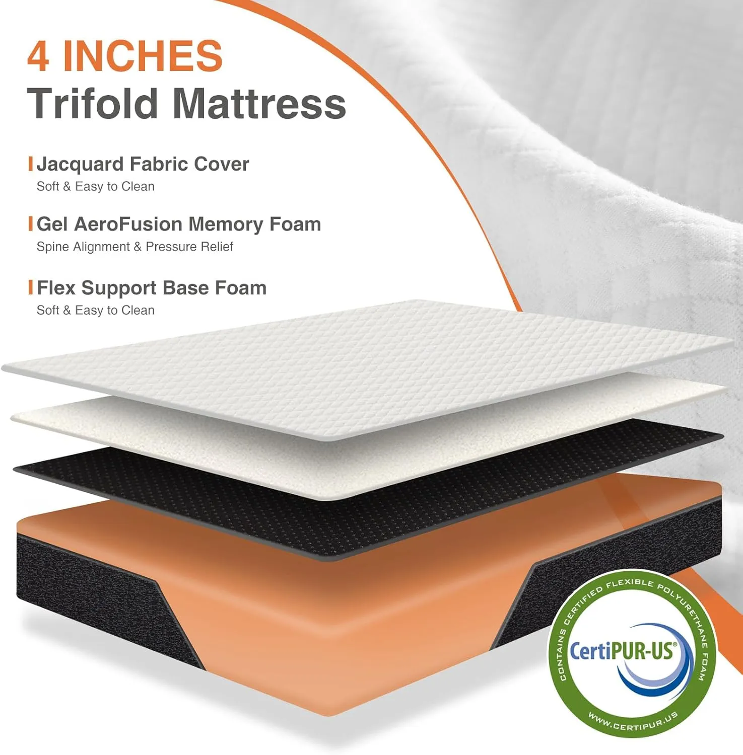 Sweetcrispy Folding Mattress, 4 inch Tri-fold Memory Foam Topper for Camping, Foldable Topper with Washable Cover, Guest - Twin Size