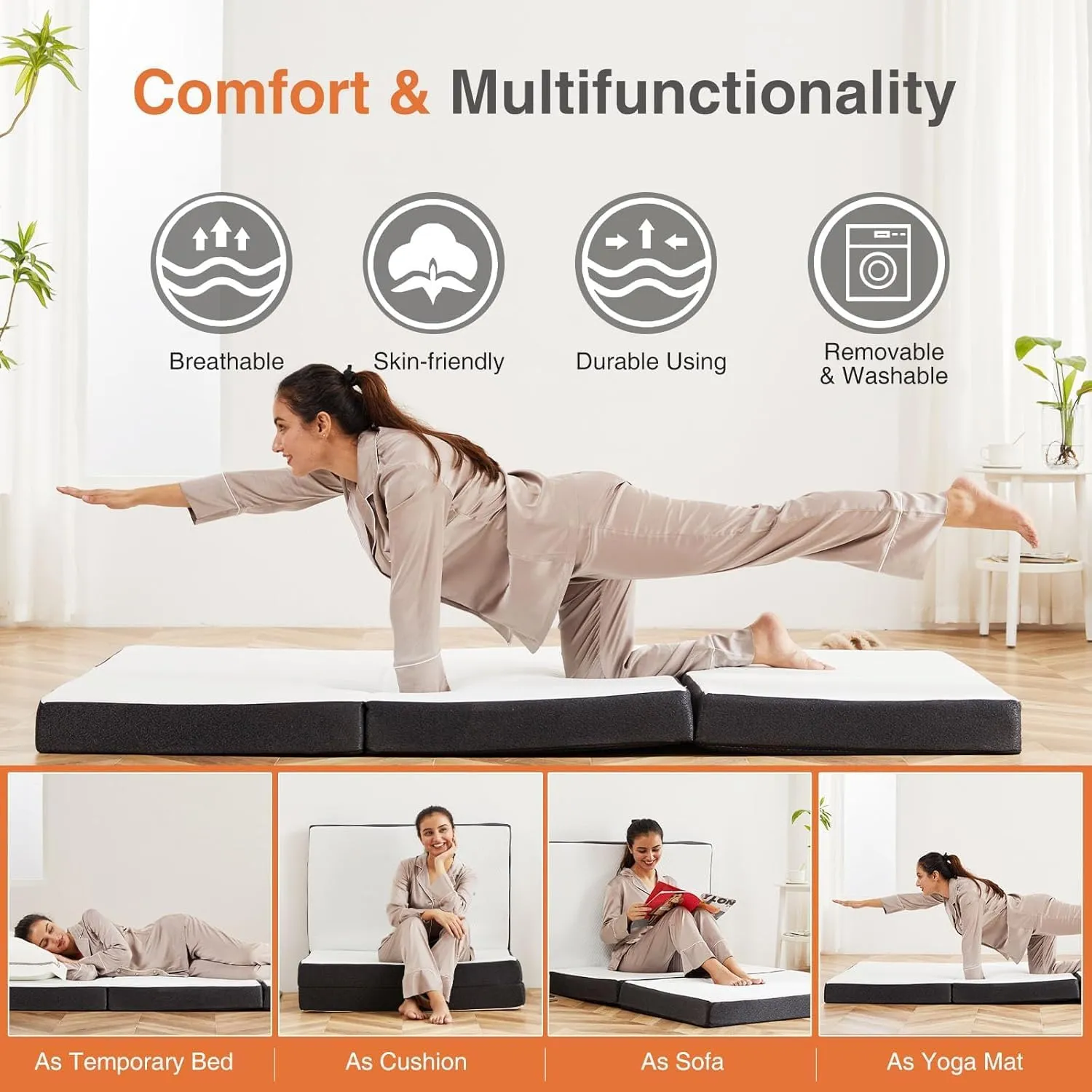 Sweetcrispy Folding Mattress, 4 inch Tri-fold Memory Foam Topper for Camping, Foldable Topper with Washable Cover, Guest - Twin Size