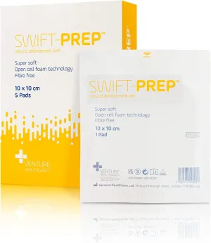 Swift-Prep Wound Debridement Pad - 10cm x 10cm - Pack of 5 - Super Soft - Fibre Free - Highly Absorbent - Non-Adhesive - Foam Dressing