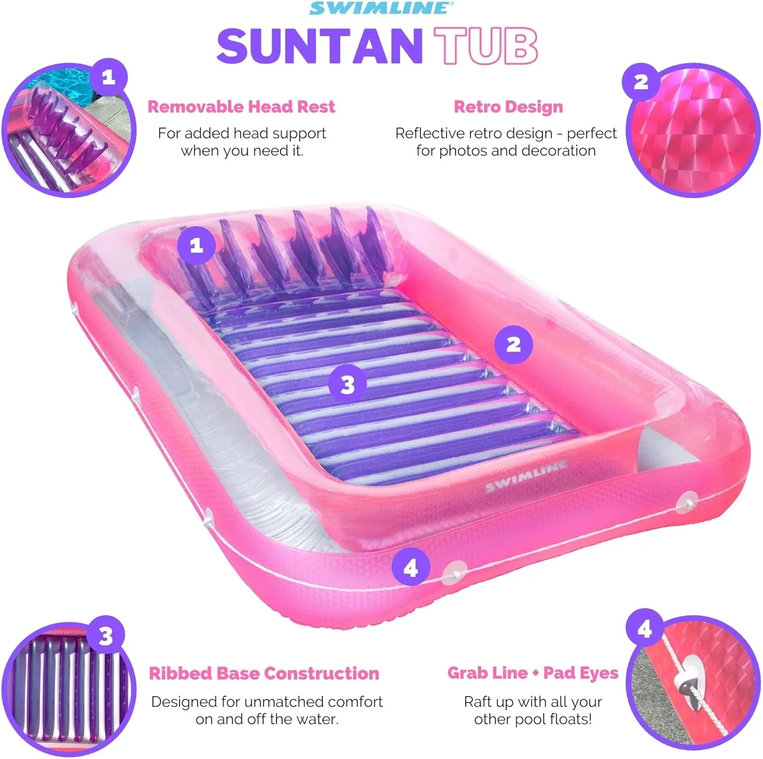 SWIMLINE Original Suntan Tub Series Classic Inflatable Tanning Float Floating Lounge | Personal Tan Pool Hybrid Lounger | Adjustable Pillow | Fill with Water | Reflective Tanning Design