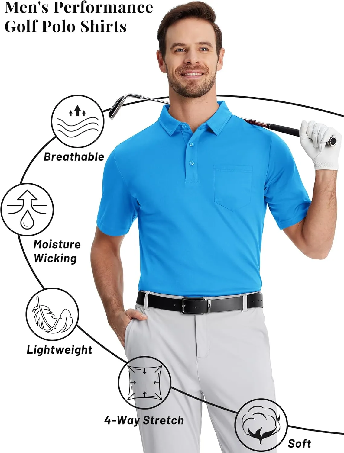 TACVASEN Polo Shirts for Men with Pocket Short Sleeve Lightweight Quick Dry Hiking Golf Fishing