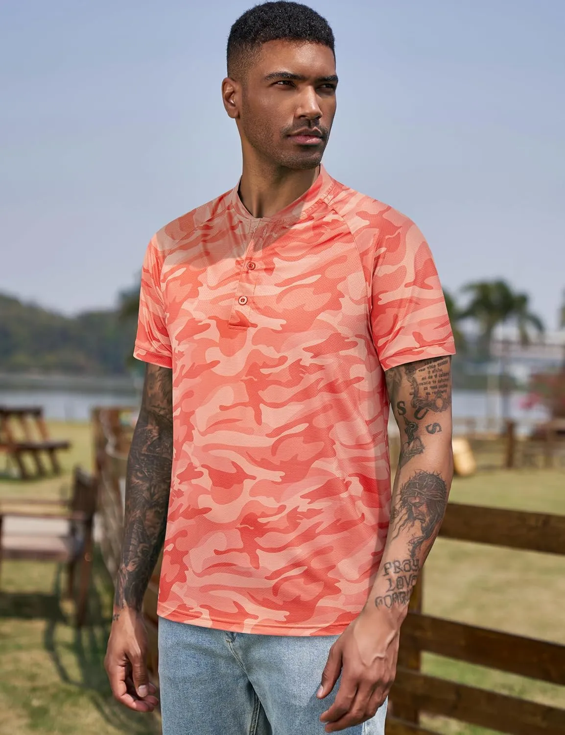 TAPULCO Mens Collarless Golf Shirts Short Sleeve Dry Fit Stretch Casual Breathable Lightweight Tshirts
