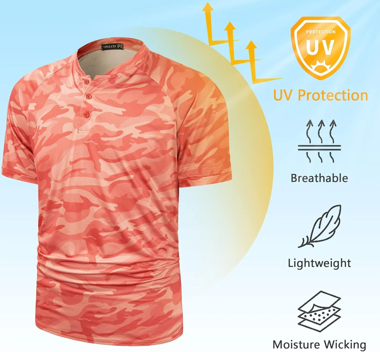 TAPULCO Mens Collarless Golf Shirts Short Sleeve Dry Fit Stretch Casual Breathable Lightweight Tshirts
