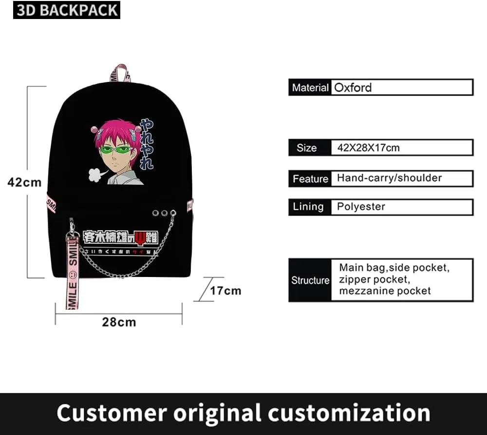 The Disastrous Life of Saiki K Merch One Size Backpack Anime Three Piece Travel Backpack (Black-Suit)