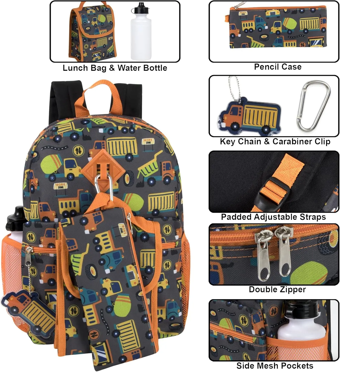 Trail maker Boys 6 in 1 School Backpack Set with Lunch Box, Pencil Case, Keychain, Water Bottle Attached for Kids (Construction Work)