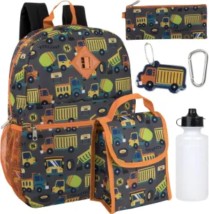 Trail maker Boys 6 in 1 School Backpack Set with Lunch Box, Pencil Case, Keychain, Water Bottle Attached for Kids (Construction Work)