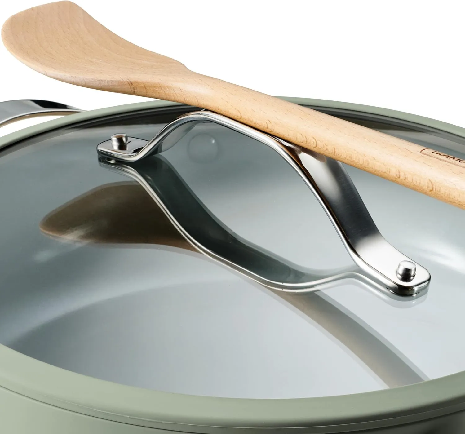 Tramontina Vue All-in-One Plus Pan Set, 5-Quart Ceramic Non Stick Cooking Pan with Glass Lid, Steamer Insert, Beechwood Utensils, Splatter Screen, Pot Holder, Green