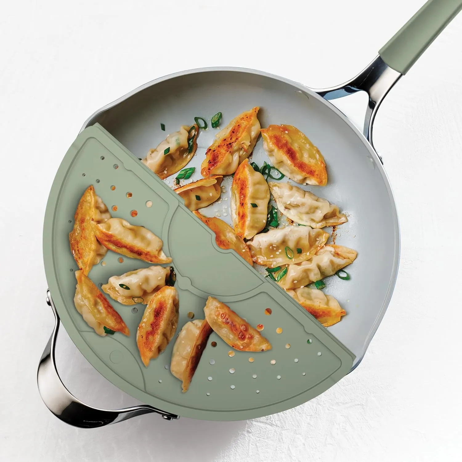 Tramontina Vue All-in-One Plus Pan Set, 5-Quart Ceramic Non Stick Cooking Pan with Glass Lid, Steamer Insert, Beechwood Utensils, Splatter Screen, Pot Holder, Green