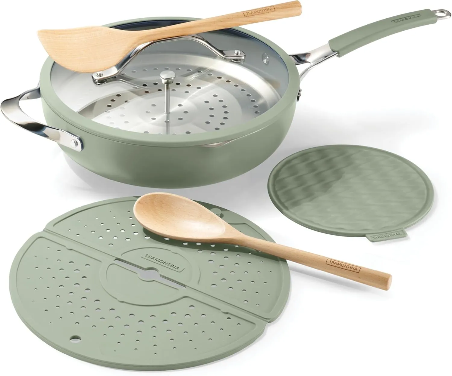 Tramontina Vue All-in-One Plus Pan Set, 5-Quart Ceramic Non Stick Cooking Pan with Glass Lid, Steamer Insert, Beechwood Utensils, Splatter Screen, Pot Holder, Green