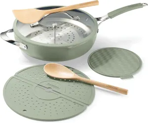 Tramontina Vue All-in-One Plus Pan Set, 5-Quart Ceramic Non Stick Cooking Pan with Glass Lid, Steamer Insert, Beechwood Utensils, Splatter Screen, Pot Holder, Green