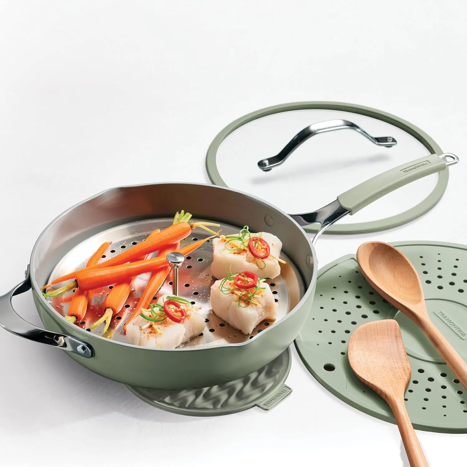 Tramontina Vue All-in-One Plus Pan Set, 5-Quart Ceramic Non Stick Cooking Pan with Glass Lid, Steamer Insert, Beechwood Utensils, Splatter Screen, Pot Holder, Green