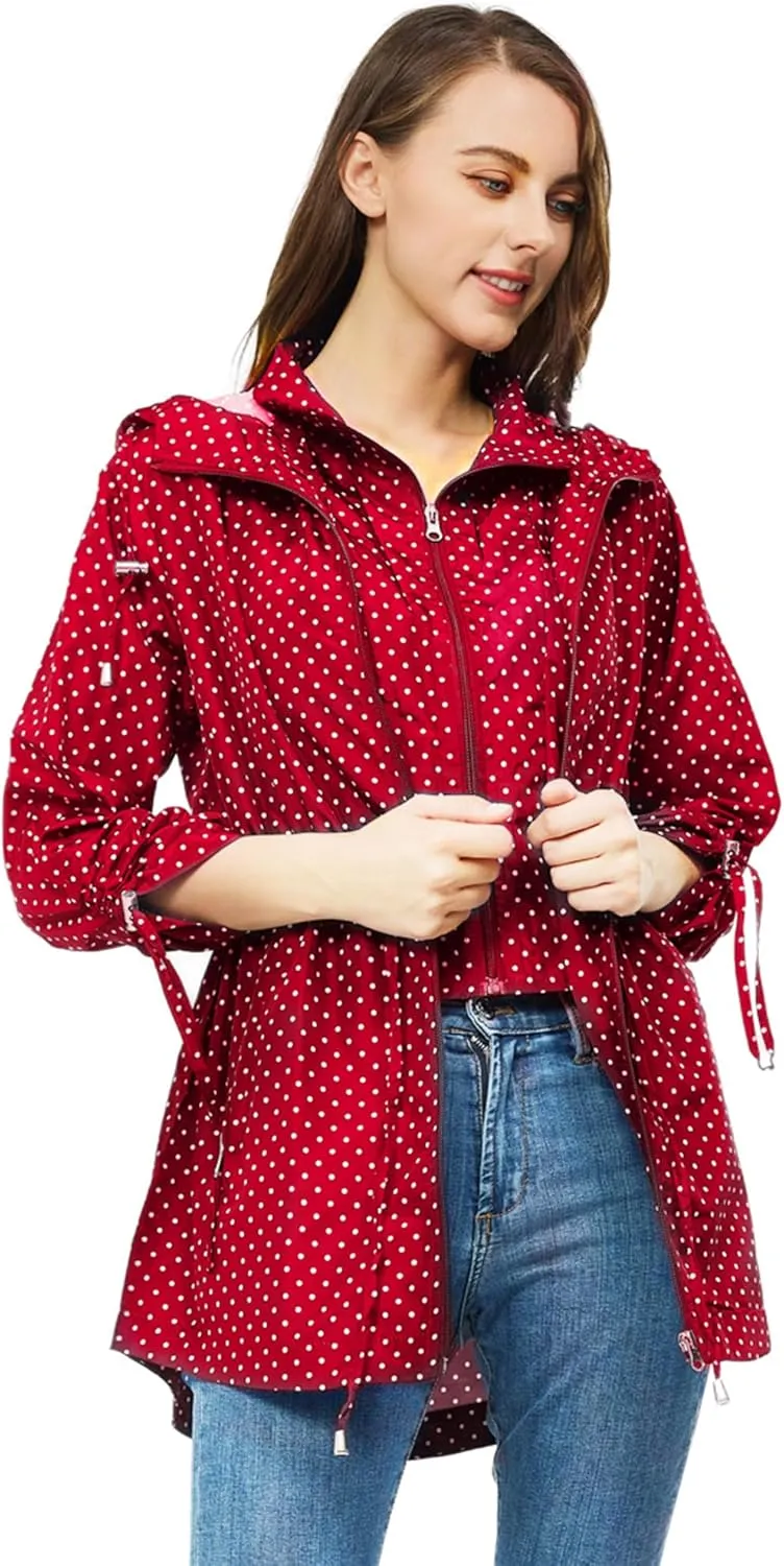 TRATENBY Rain-Jacket Women-Waterproof Lightweight-Packable Hood-Raincoat — Travel Windbreaker Coat in A Pouch Polka Dot