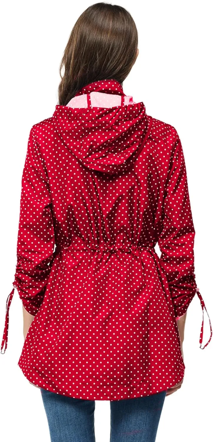 TRATENBY Rain-Jacket Women-Waterproof Lightweight-Packable Hood-Raincoat — Travel Windbreaker Coat in A Pouch Polka Dot