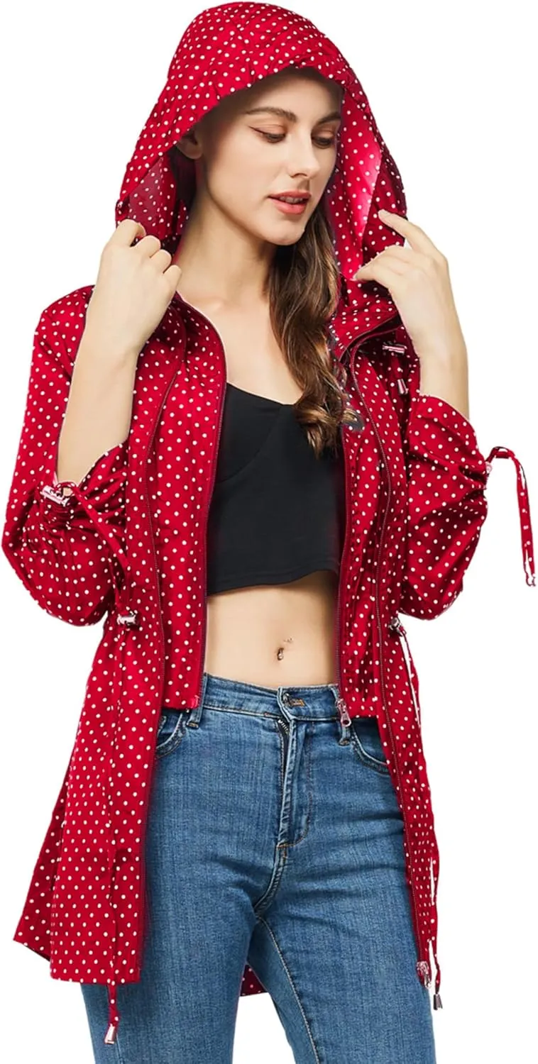 TRATENBY Rain-Jacket Women-Waterproof Lightweight-Packable Hood-Raincoat — Travel Windbreaker Coat in A Pouch Polka Dot