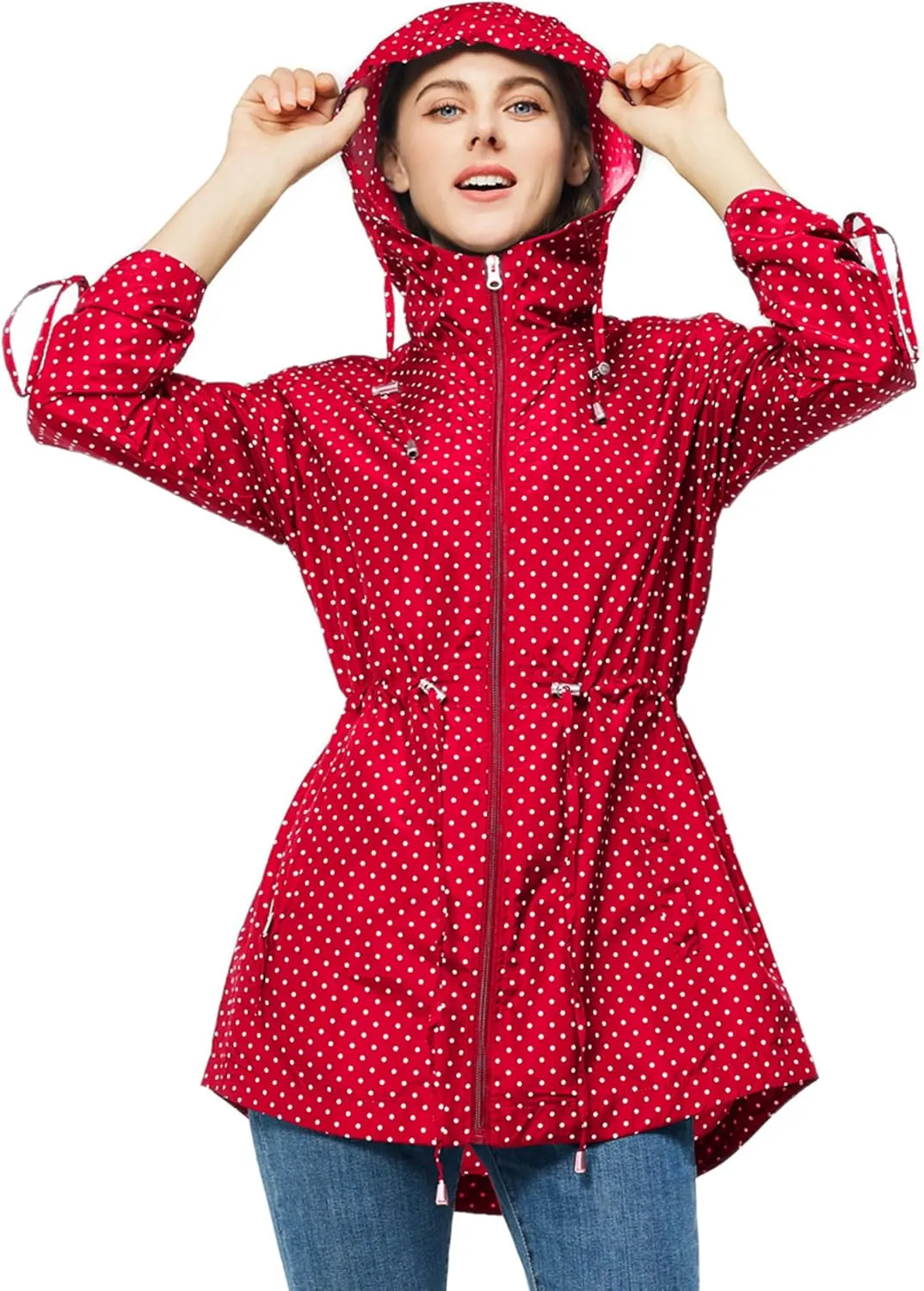 TRATENBY Rain-Jacket Women-Waterproof Lightweight-Packable Hood-Raincoat — Travel Windbreaker Coat in A Pouch Polka Dot